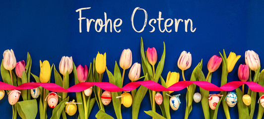 German Text Frohe Ostern Means Happy Easter. Banner Of White And Pink Tulip Spring Flowers With...