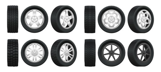 Realistic tires. 3d auto tyres and alloy rims, car wheels with different tread patterns from side and front views, auto service vector set - obrazy, fototapety, plakaty
