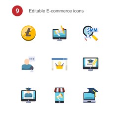 9 e-commerce flat icons set isolated on . Icons set with Altcoin, Digital marketing, Social Marketing, online store, ecommerce solutions, online business, eCommerce Strategy icons.