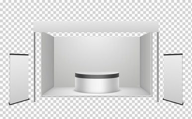 White exhibition booth. Blank exhibition stand with stage podium for presentations with roof for product promotion vector template