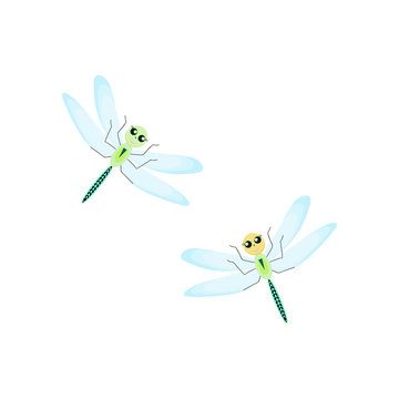 Illustration of two cute cartoon dragonflies on white background. Flat vector style.