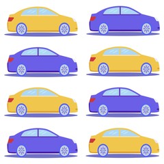 Flat Blue and Yellow Car Cartoon Seamless Pattern in Abstract Style. Automotive Topic. Vector Endless Illustration. Print, Design Element. Auto Repeated Wallpaper. City Transport. Urban Vehicle