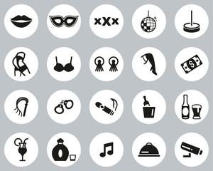 Strip Club Icons Black & White Flat Design Circle Set Big