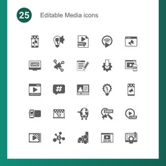 25 media filled icons set isolated on . Icons set with Mobile marketing, Creative campaign, Video Compression, 4K Streaming, Social media marketing, SEO copywriting, media player icons.