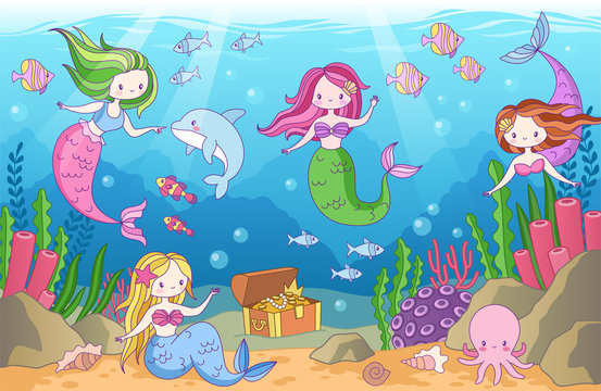 Underwater with mermaids. Seabed with mythical princesses and sea creatures, seaweeds and seashell, octopus, treasure cartoon vector background