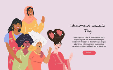 8 of March international Womens Day website banner with different multi ethnic group of women. Spring women holiday greeting landing page. Flat vector illustration.