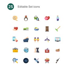25 set flat icons set isolated on . Icons set with Scotch tape, handmade Jewelry, Marketing research, caring, Stapler, Salad, testing, staff, starters, toolbox, AI Pattern icons.