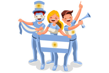 Argentina flag Argentine people day. Crowd of persons celebrate national day .  Celebrating a football team. Soccer symbol and victory celebration. Sports cartoon symbolic flat vector