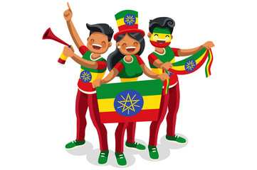 Ethiopia flag Ethiopian people day. Crowd of persons celebrate national day .  Celebrating a football team. Soccer symbol and victory celebration. Sports cartoon symbolic flat vector