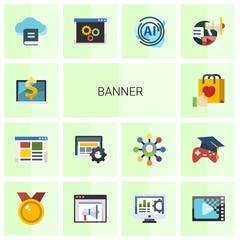 14 banner flat icons set isolated on white background. Icons set with Computer-Based Training, front end, Interactive Course, Brand engagement, Email Marketing, back end icons.