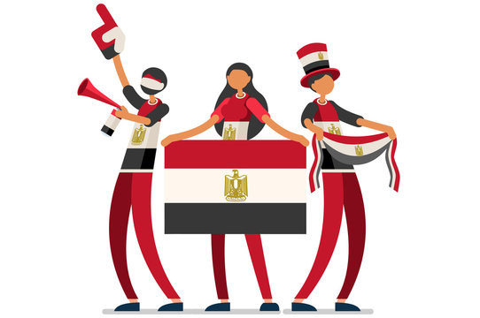 Egypt flag Egyptian people day. Crowd of persons celebrate national day .  Celebrating a football team. Soccer symbol and victory celebration. Sports cartoon symbolic flat vector