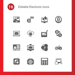 16 electronic filled icons set isolated on . Icons set with eCommerce solutions, Initial Coin Offering, Digital marketing, Online library, e-Book, electronic signature icons.