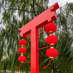 Chinese traditional red lantern decoration on pillar in park