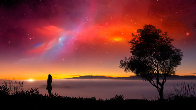 Silhouette young woman standing on land with tree and colorful fractal nebula at sunset on mountain and haze. Digital painting and photo manipulation background