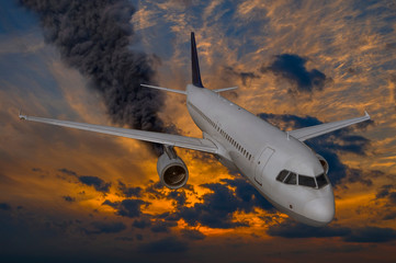 Fototapeta na wymiar Airplane with engine on fire and smoke before crash in dramatic sunset sky