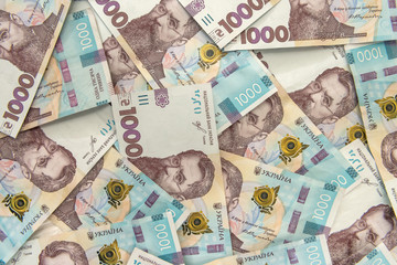 Top view background with  new banknote of Ukraine 1000, UAH.