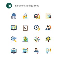 16 strategy flat icons set isolated on . Icons set with Affiliate Marketing, social media campaign, Productivity, Content management, tactics, future of money, Social Marketing icons.