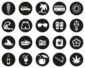 Surfing Sport & Lifestyle Icons White On Black Flat Design Circle Set Big