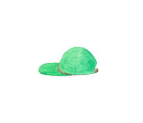 Hand drawn green watercolor cap isolated on white background. Summer headwear element for your design.