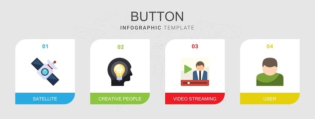 4 button flat icons set isolated on infographic template. Icons set with satellite, Creative people, Video streaming, User icons.