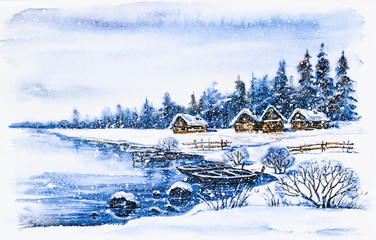 Fototapeta na wymiar Watercolor painting: Winter village landscape with boats on frozen river