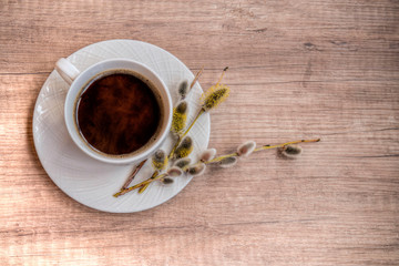 Morning black coffee and willow on the table