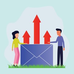 Men and women entrepreneurs communicate and give advice to one another in the continuation of their business. Success in business, economic growth and happiness. Modern vector illustration