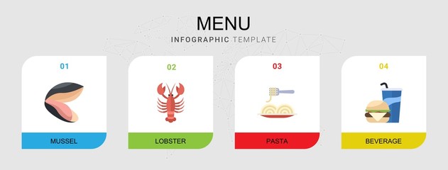 Fototapeta na wymiar 4 menu flat icons set isolated on infographic template. Icons set with mussel, lobster, Pasta, Beverage icons.