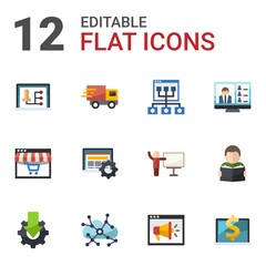 12 study flat icons set isolated on white background. Icons set with Distance teacher, Webinar, Online coaching, Distance Learning, Interactive Course, Online tutorial icons.