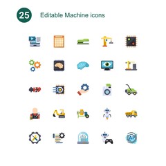 25 machine flat icons set isolated on . Icons set with Systems Integration, Bingo, Stapler, cogwheel, Artificial Intelligence, AI Architecture, gambling, Machine learning icons.