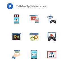 Fototapeta na wymiar 9 application flat icons set isolated on . Icons set with Mobile marketing, Adaptive Streaming, NPC, back end, Website optimization, Game streaming, web services, Mobile game icons.