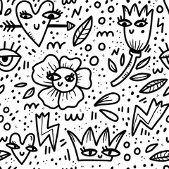 Surreal symbols hand drawn linear seamless pattern. Funny objects black and white texture. Various abstract items with eyes outline vector illustration. Creative textile doodle style design