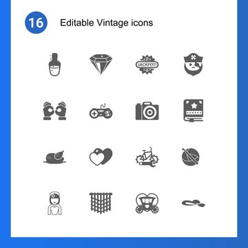 16 vintage filled icons set isolated on . Icons set with mana potion, diamond, Jackpot, Handmade, joystick, Photography, chicken, love, bike repair service, bride, macrame icons.