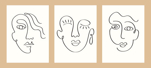 One line drawing faces vector illustrations set