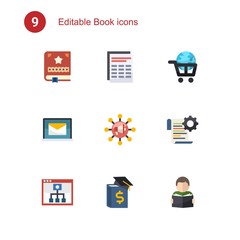 9 book flat icons set isolated on . Icons set with Scrapbooking, Sheet, eLearning, Online library, Global education, Self-learning, Mobile Learning, Business education icons.