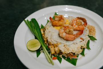 Pad Thai, the national dish of Thai noodles, fried rice, eggs, vegetables and shrimp Very popular for tourists