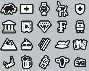 Switzerland Country & Culture Icons White On Black Sticker Set Big