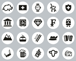 Switzerland Country & Culture Icons Black & White Flat Design Circle Set Big