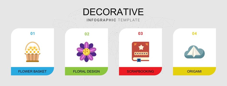 4 decorative flat icons set isolated on infographic template. Icons set with flower basket, Floral design, Scrapbooking, Origami icons.