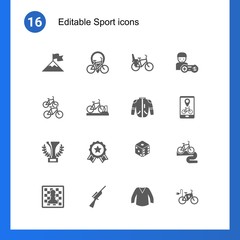 16 sport filled icons set isolated on . Icons set with attainment, Bike rental, Bike Child seat, bike station, bicycle parking, jacket, champion, achievement, dice, Chess icons.