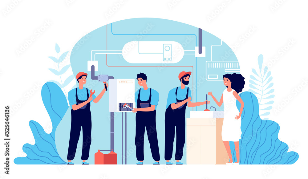 Sticker Plumber service. Work plumbers helping, instruments for fixing. Housework repairing, handyman and broken boiler heater vector illustration. Plumber technics, plumbing character