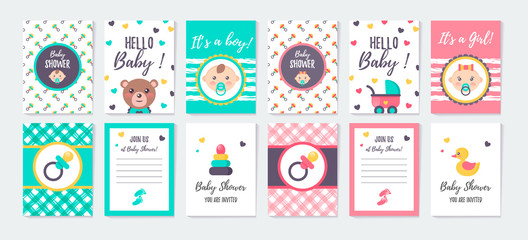 Set of vertical greeting cards and invitation for girl and boy baby shower. It’s a girl. Place for text