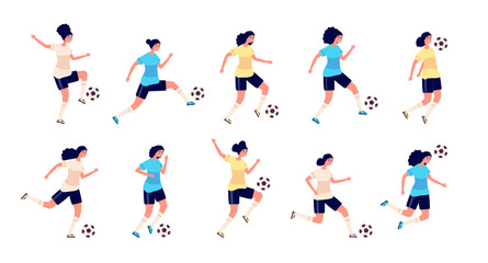 Fototapeta na wymiar Female football players. Isolated sports people. Women soccer team, cute active person. Workout for girls characters in uniform vector set. Football player woman playing in game training illustration