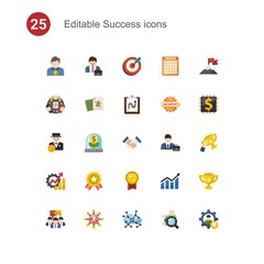 25 success flat icons set isolated on . Icons set with winner, Entrepreneur, goal, teamwork, Joker, tactics, rich man, Business incubator, partnership, Productivity, achievement icons.