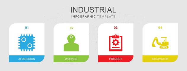 Naklejka premium 4 industrial filled icons set isolated on infographic template. Icons set with AI Decision, worker, project, excavator icons.