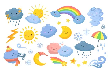Muurstickers Wolken Leuk weer. Geïsoleerde regenboog, cartoon regen en orkaan. Grappige en boze wolken, gelukkige zon en tornado. Emotionele natuur vector iconen. Weerpictogrammen voor meteorologie, regenboog en sneeuwillustratie