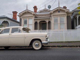 Ponsonby Auckland New Zealand. Oldtimer car in front of Victorian houses