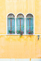 Three arch windows with flowers in yellow Italian stucco wall