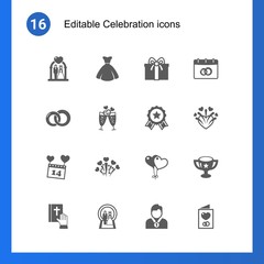 16 celebration filled icons set isolated on . Icons set with wedding ceremony, bride dress, gift, rings, champagne, achievement, Valentines Day, fireworks, balloons, vow icons.