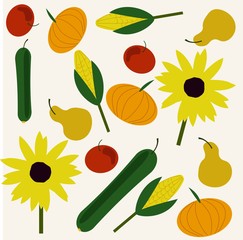pattern of ripe vegetables, green cucumber, tomato, sunflower, pears, pumpkin and corn on a light background